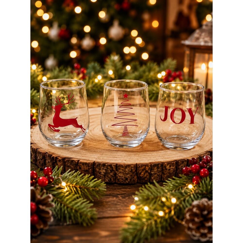 Handmade Christmas Tree Stemless Wine Glass – Holiday Tumbler – Brand New SET 3